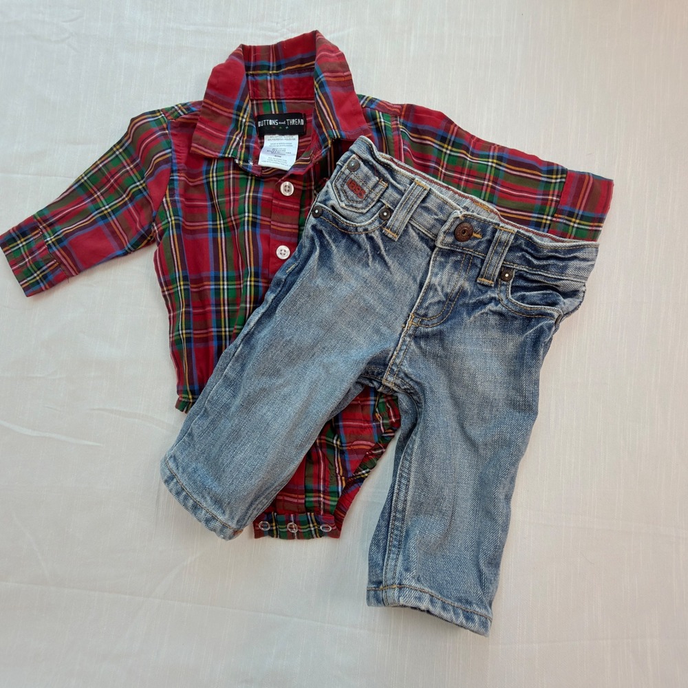 Buttons and Thread OshKosh Outfit Kids 0-3M Red Blue Excellent Plaid Denim Set
